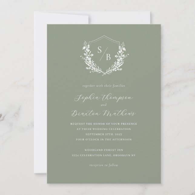 Invitation Élégant Sage Green Floral Crest Monogram Mariage (Devant)