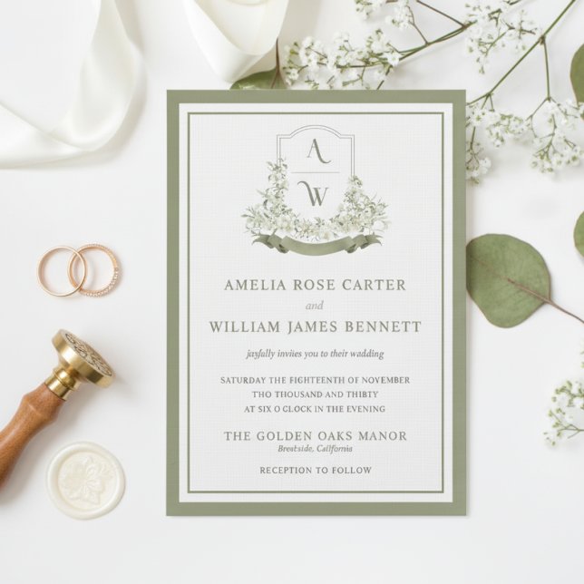 Invitation Élégant Sage Green Floral Crest Monogram Mariage (Elegant Sage Green Floral Crest Monogram Wedding Invitation)