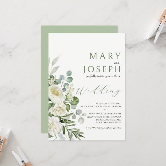 Invitation Elegant Sage Green Floral Garden Outdoor Wedding  (Devant/Arrière en situation)