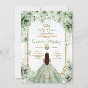 Invitation Elégant Sage Green Floral & Gold Quinceañera