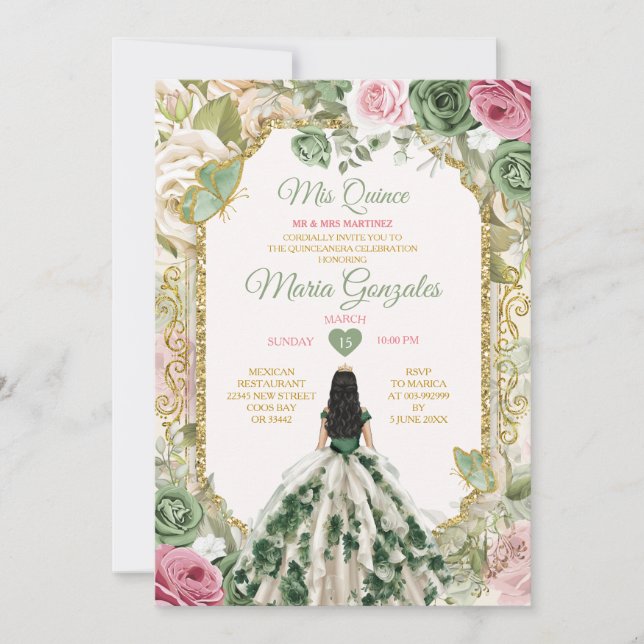Invitation Elégant Sage Green Floral Princess Gold Mis Quince (Devant)