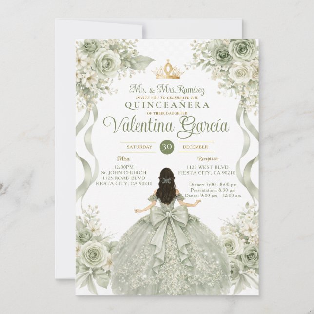 Invitation Elegant Sage Green Floral Quinceañera Bow Gown (Devant)