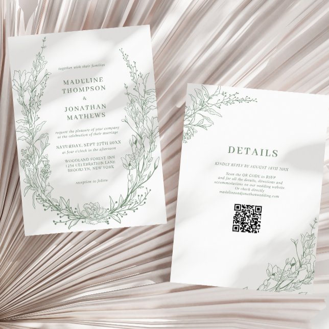 Invitation Élégant Sage Green Floral Wreath QR Code Mariage (Créateur téléchargé)