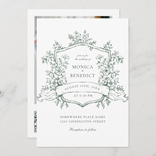 Invitation Elégant Sage Green French Garden Wedding Code QR (Devant / Derrière)