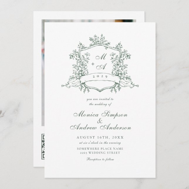 Invitation Elégant Sage Green French Garden Wedding Code QR (Devant / Derrière)