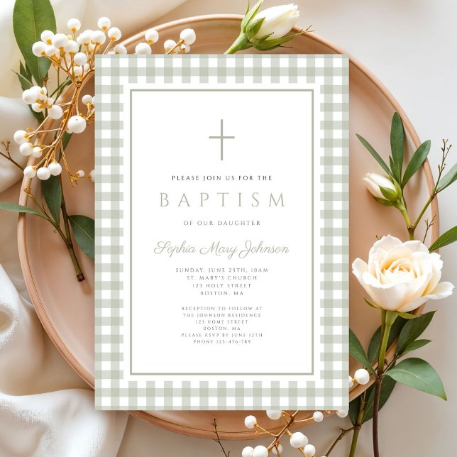 Invitation Elegant Sage Green Gingham Girl Baptism (Elegant Sage Green Gingham Girl Baptism Invitation)