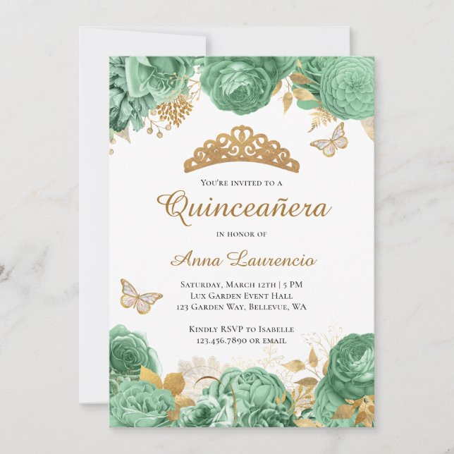 Invitation Elégant Sage Green Gold Floral Quinceanera (Devant)