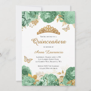 Invitation Elégant Sage Green Gold Floral Quinceanera