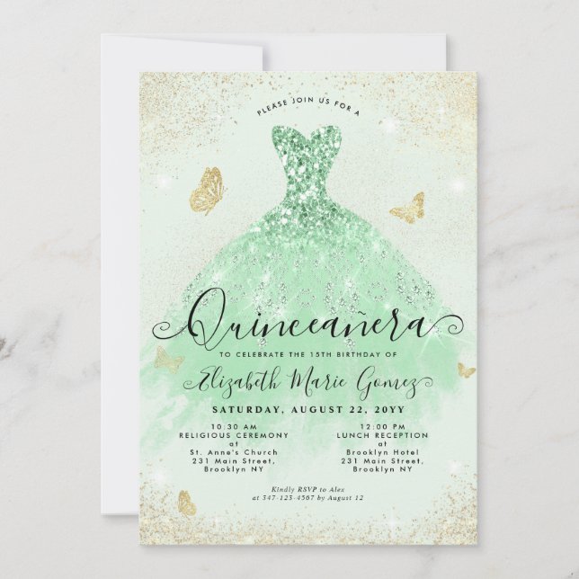 Invitation Elégant Sage Green Gold Parties scintillant Gown Q (Devant)