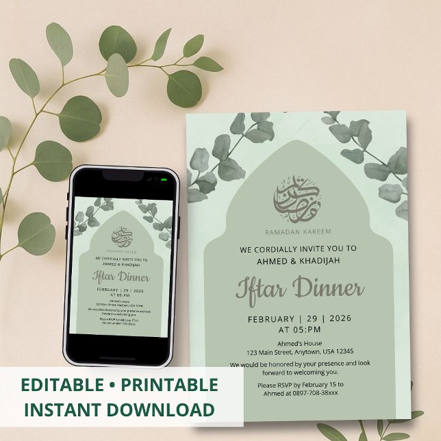 Invitation Elegant Sage Green Islamic Arch Iftar Dinner (Créateur téléchargé)