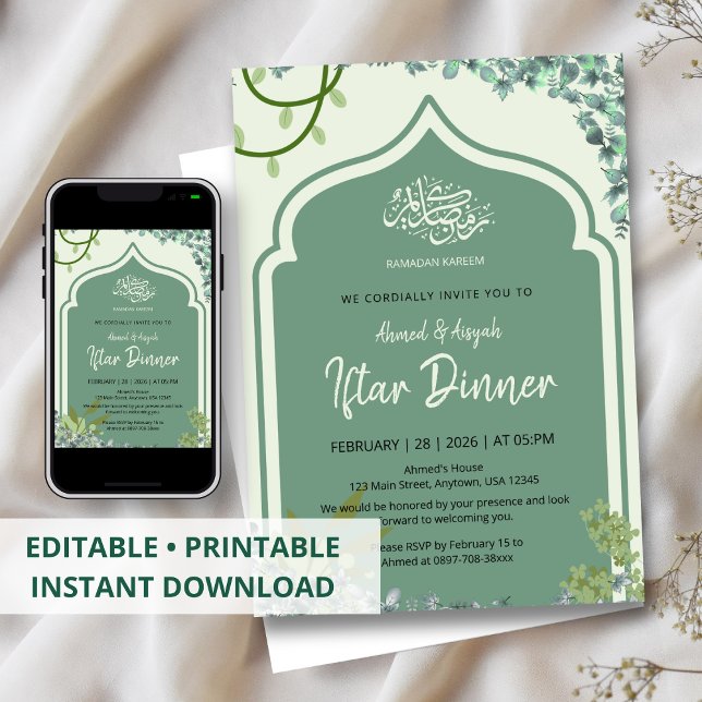 Invitation Elegant Sage Green Islamic Arched Iftar Dinner (Créateur téléchargé)