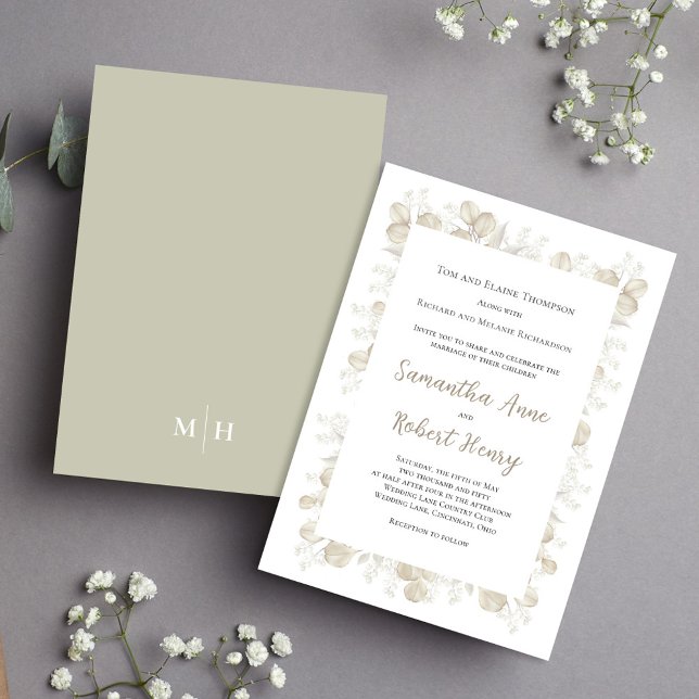 Invitation Élégant Sage Green Jardin botanique Foliage (Simple and elegant sage green and cream foliage wedding invitation.)