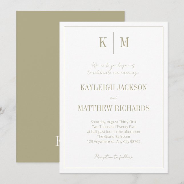 Invitation Elegant Sage Green Monogram Wedding  (Devant / Derrière)