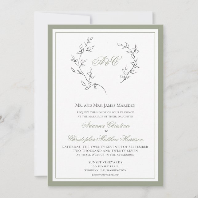 Invitation Élégant Sage Green Monogramme Mariage feuille dans (Devant)
