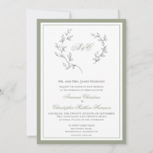 Invitation Élégant Sage Green Monogramme Mariage feuille dans