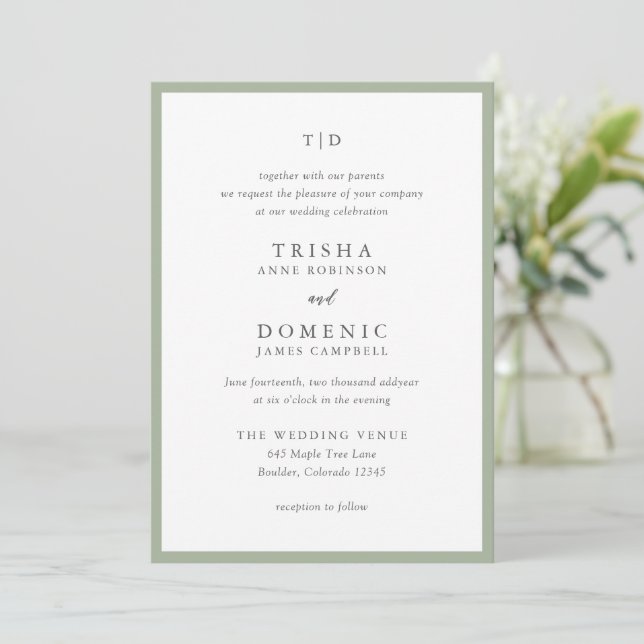 Invitation Élégant Sage Green Monogramme Mariage moderne (Debout devant)