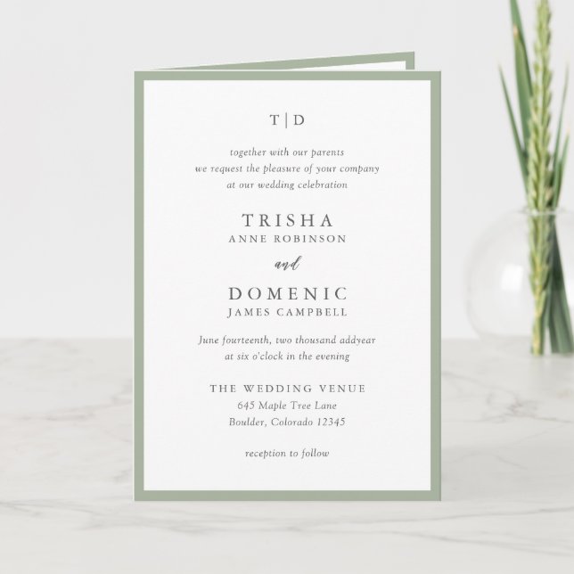Invitation Élégant Sage Green Monogramme Mariage moderne (Devant)
