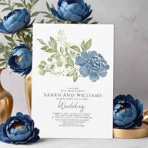 Invitation Elégant Sage Green Navy Blue Floral Boho Mariage