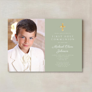 Invitation Elégant Sage Green Photo Boy First Communion