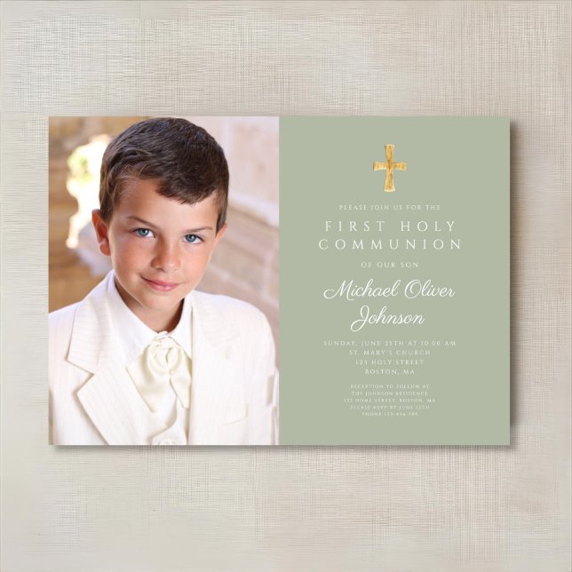 Invitation Elégant Sage Green Photo Boy First Communion (Elegant Sage Green Photo Boy First Communion Invitation)