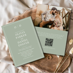 Invitation Elegant Sage Green Photo QR Code Mariage