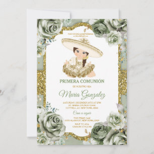 Invitation Elégant Sage Green Primera comunión CUTE Girl Gold