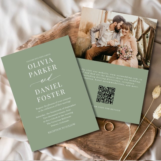 Invitation Elegant Sage Green QR Code Mariage photo (Créateur téléchargé)
