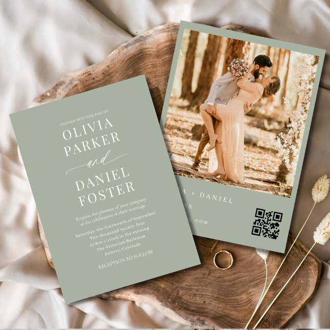 Invitation Elegant Sage Green QR Code Mariage photo (Créateur téléchargé)