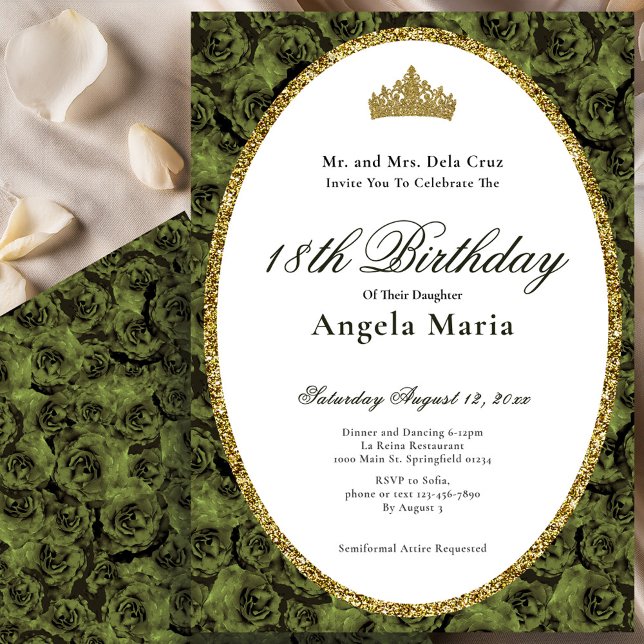 Invitation Elegant Sage Green Rose Floral 18th Birthday Debut (Créateur téléchargé)
