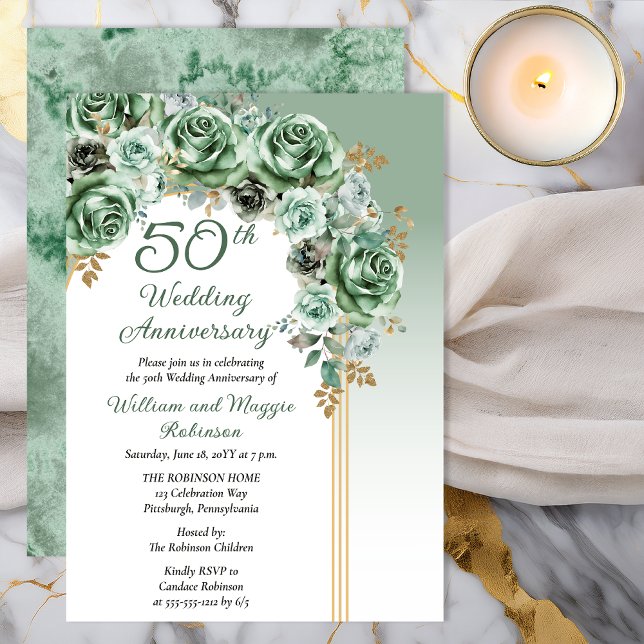 Invitation Elegant Sage Green Rose Floral 50th Anniversary (Elegant Sage Green Rose Floral 50th Anniversary Invitation - Print | Digital Download)