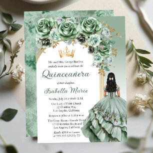 Invitation Elégant Sage Green Rose Floral Quinceañera Party