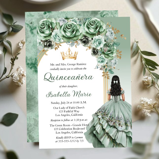Invitation Elégant Sage Green Rose Floral Quinceañera Party (Elegant Sage Green Rose Floral Princess-Theme Brunette Dk Haired Quinceañera Invitation)