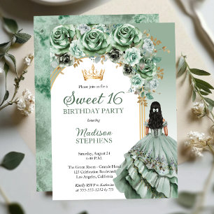 Invitation Elégant Sage Green Rose Floral Sweet 16 Party