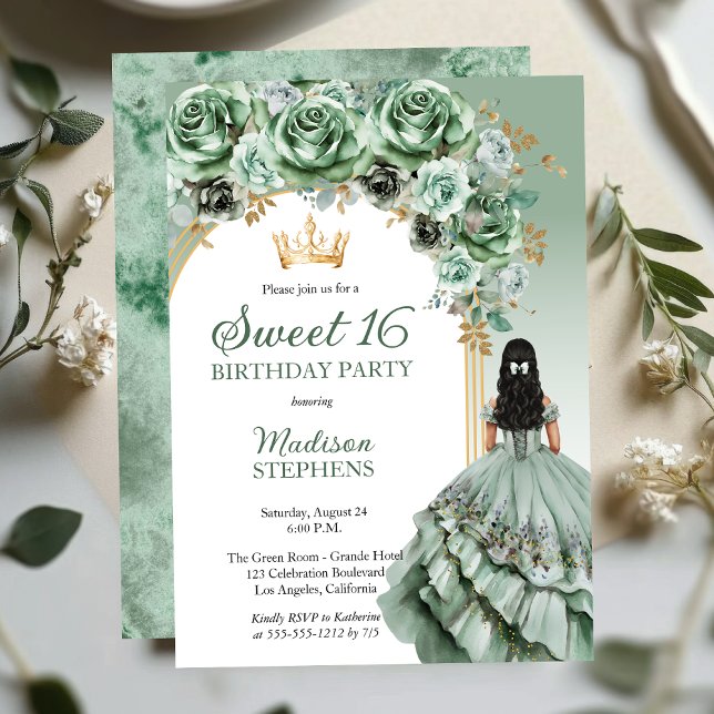 Invitation Elégant Sage Green Rose Floral Sweet 16 Party (Elegant Sage Green Rose Floral Princess-Theme Brunette Dk Haired Sweet 16 Invitation )