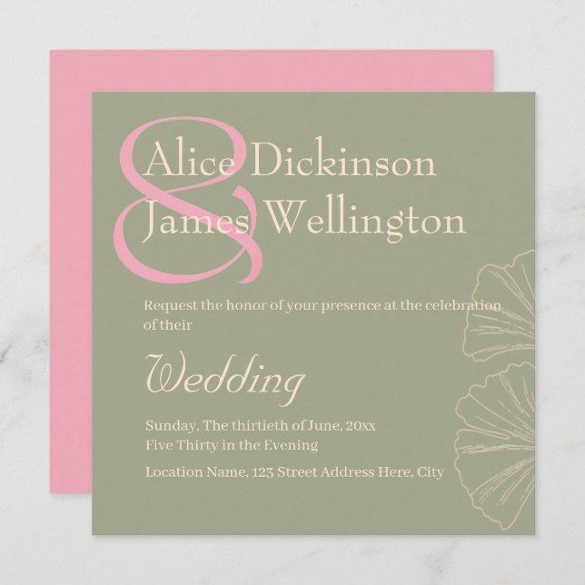 Invitation Elegant Sage Green & Rose Pink Ginkgo Wedding (Devant / Derrière)