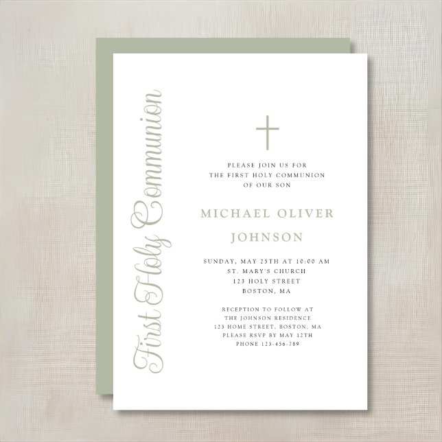 Invitation Elegant Sage Green Script Boy First Communion (Créateur téléchargé)