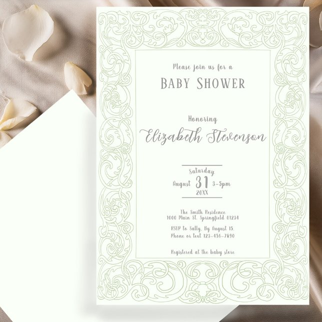 Invitation Elegant Sage Green Scrollwork Baby Shower  (Créateur téléchargé)