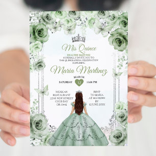 Invitation Elégant Sage Green & Silver Princess Mis Quince