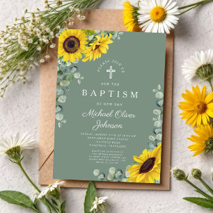 Invitation Élégant Sage Green Sunflower Cross Baptême