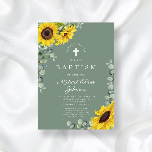 Invitation Élégant Sage Green Sunflower Cross Baptême (Elegant Sage Green Sunflower Cross Baptism Invitation)