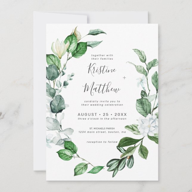 Invitation Elégant Sage Greenery Wreath White Floral Mariage (Devant)