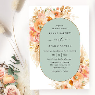 Invitation Elégant Sage, Peach Blush et Crème Mariage ovale