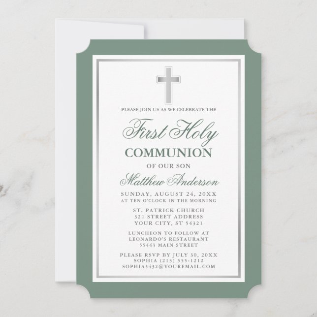 Invitation Élégant Sage Vert Argent Première Communion Sainte (Devant)