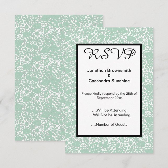 INVITATION ELEGANT SAGE VERT DENTELLE RSVP (Devant / Derrière)