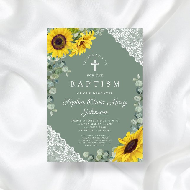 Invitation Élégant Sage Vert Floral Baptême Religieux (Elegant Sage Green Floral Religious Baptism Invitation)