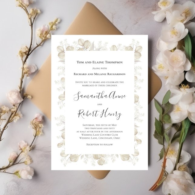 Invitation Elégant Sage Vert Mariage verdure (Simple and elegant sage green and cream foliage wedding invitation.)
