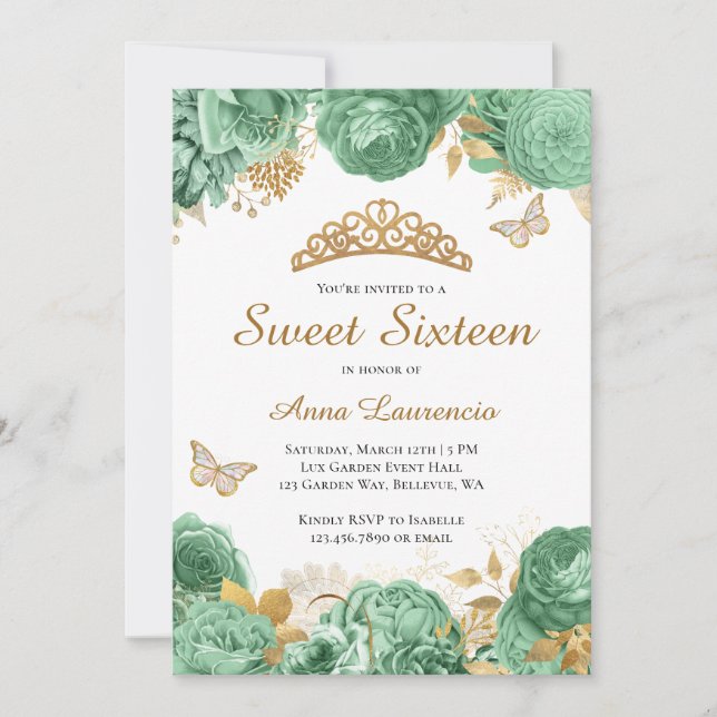 Invitation Élégant Sage Vert Or Floral Sweet 16 Seteen (Devant)
