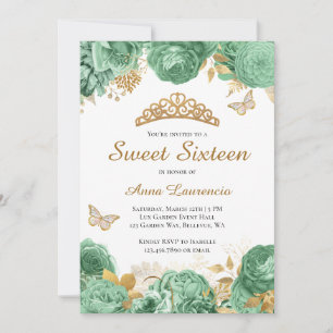 Invitation Élégant Sage Vert Or Floral Sweet 16 Seteen
