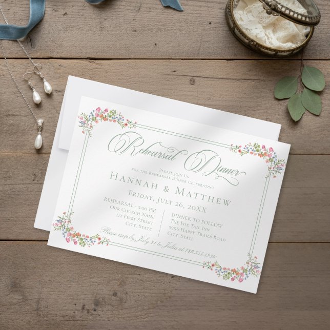 Invitation Elegant Sage Wildflower Crest Wedding Rehearsal (Créateur téléchargé)