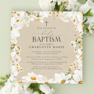 Invitation Élégant Saint-Baptême Cross Floral Aquarelle Daisy